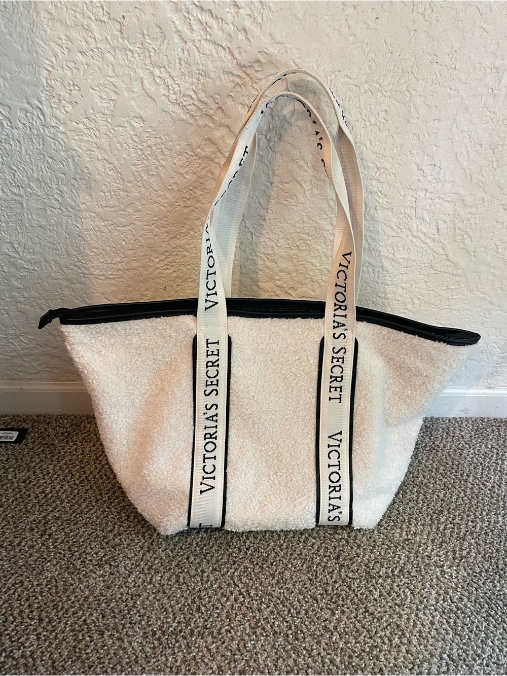 Victoria's Secret Cream Sherpa Tote with Logo Straps